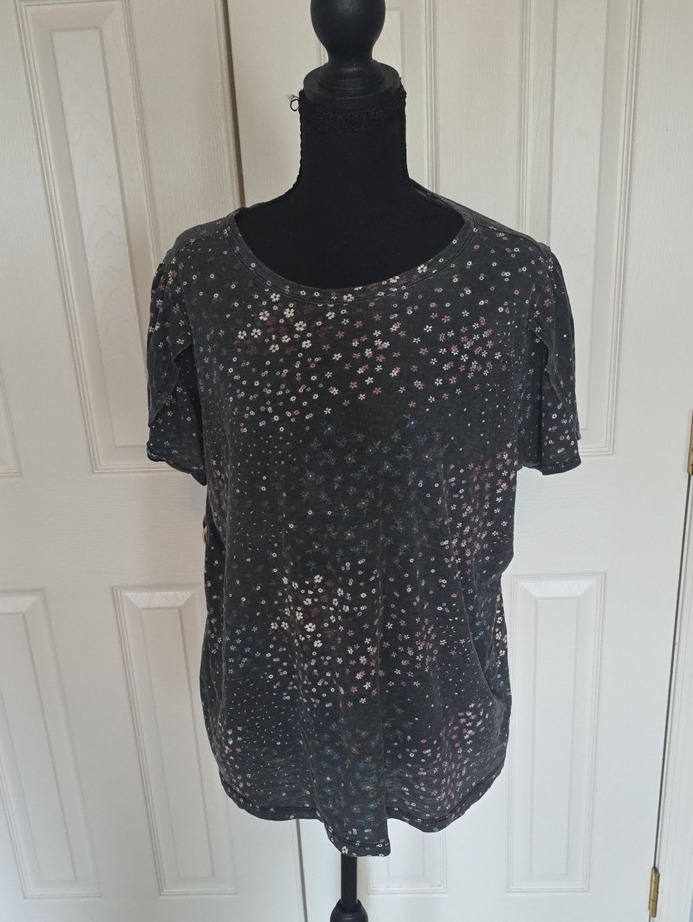 torrid Black Short Sleeve Tee with Pink and Blue Floral Dots